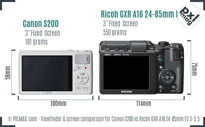 Canon S200 vs Ricoh GXR A16 24-85mm F3.5-5.5 Screen and Viewfinder comparison Canon S200 vs Ricoh GXR A16 24-85mm F3.5-5.5 Screen and Viewfinder comparison