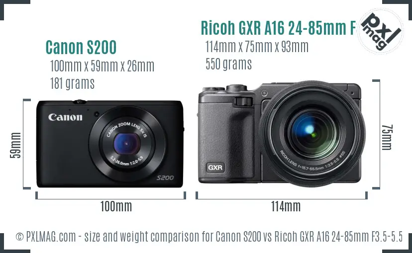 Canon S200 vs Ricoh GXR A16 24-85mm F3.5-5.5 size comparison Canon S200 vs Ricoh GXR A16 24-85mm F3.5-5.5 size comparison