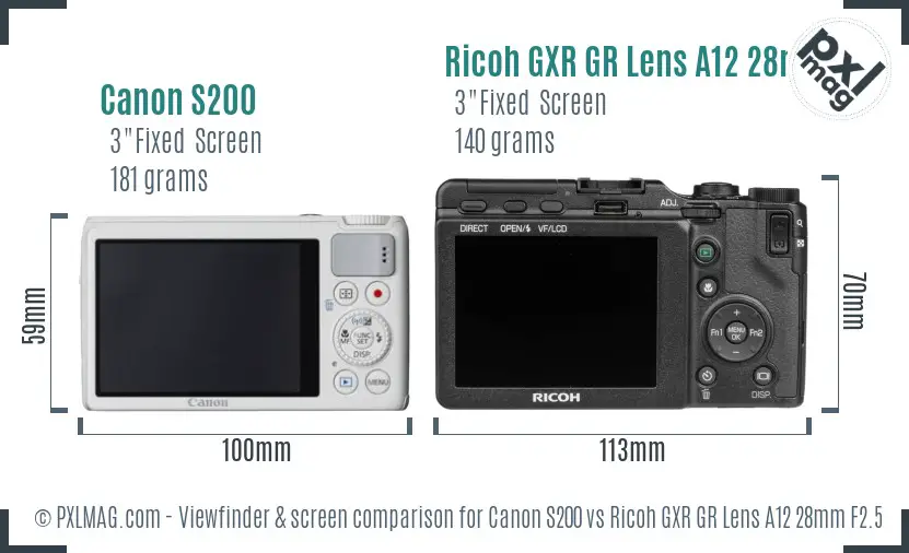 Canon S200 vs Ricoh GXR GR Lens A12 28mm F2.5 Screen and Viewfinder comparison