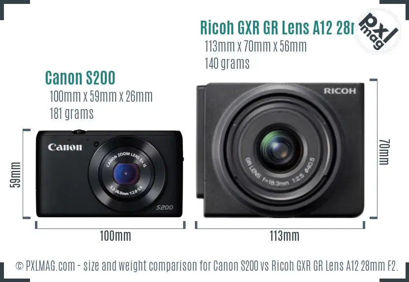Canon S200 vs Ricoh GXR GR Lens A12 28mm F2.5 size comparison