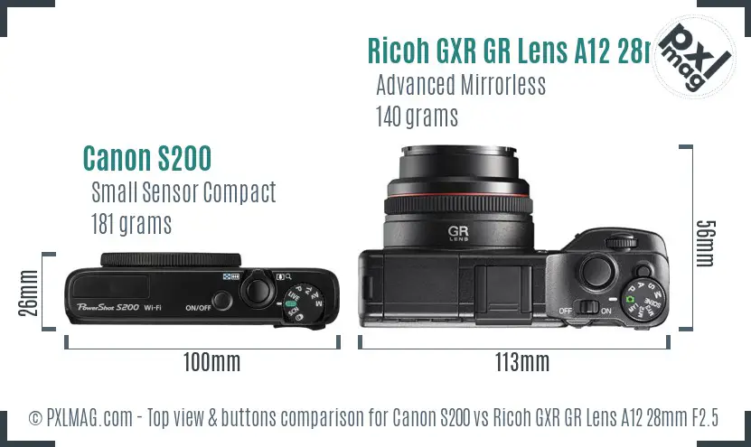 Canon S200 vs Ricoh GXR GR Lens A12 28mm F2.5 top view buttons comparison