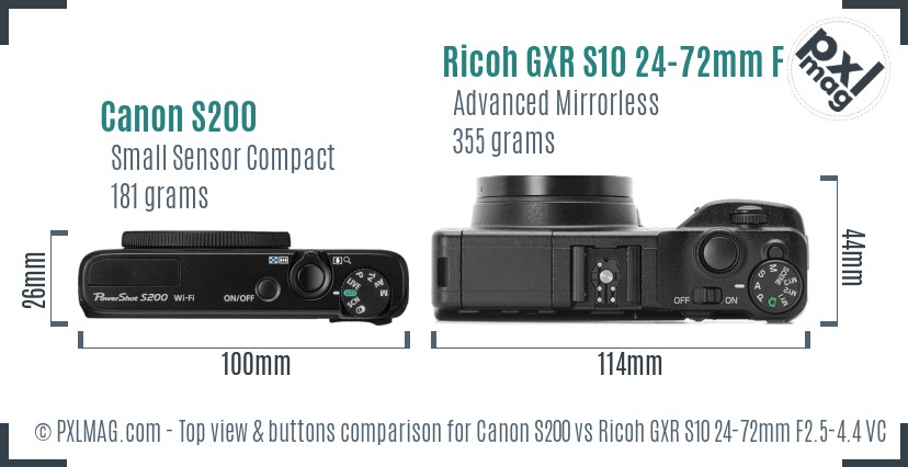 Canon S200 vs Ricoh GXR S10 24-72mm F2.5-4.4 VC top view buttons comparison