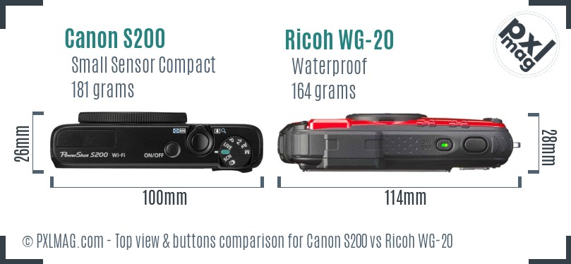 Canon S200 vs Ricoh WG-20 top view buttons comparison