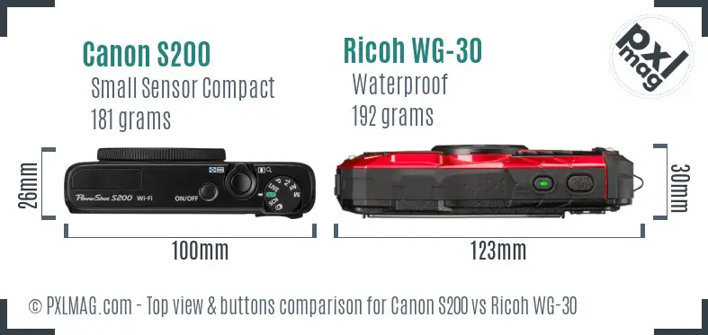 Canon S200 vs Ricoh WG-30 top view buttons comparison