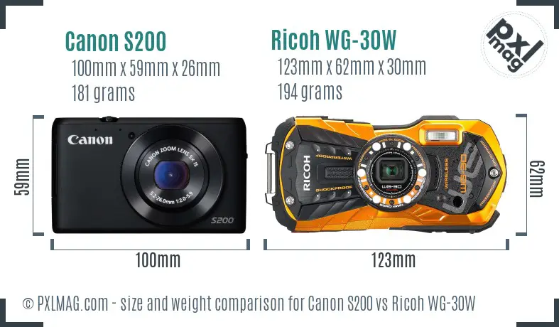 Canon S200 vs Ricoh WG-30W size comparison