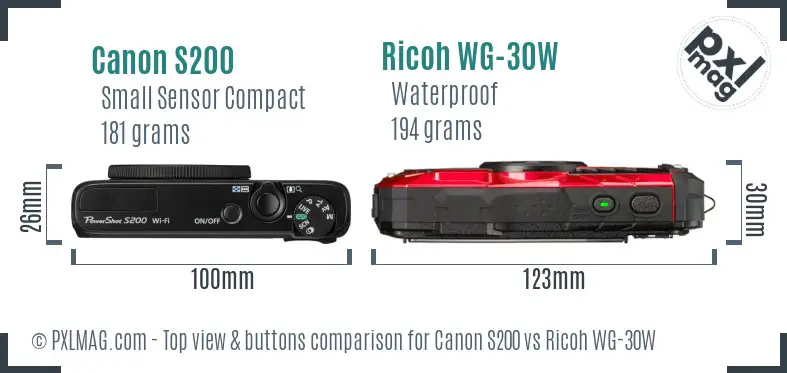 Canon S200 vs Ricoh WG-30W top view buttons comparison