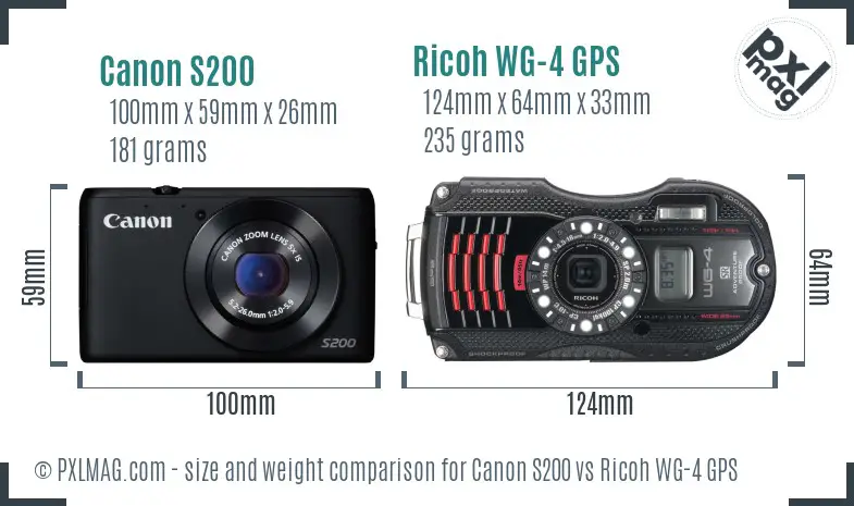 Canon S200 vs Ricoh WG-4 GPS size comparison
