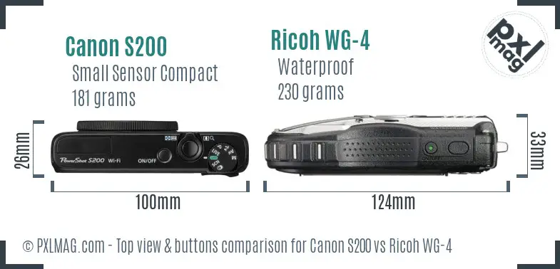 Canon S200 vs Ricoh WG-4 top view buttons comparison