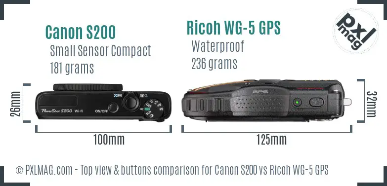 Canon S200 vs Ricoh WG-5 GPS top view buttons comparison