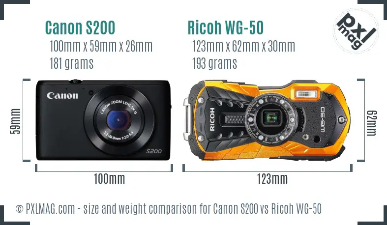 Canon S200 vs Ricoh WG-50 size comparison Canon S200 vs Ricoh WG-50 size comparison