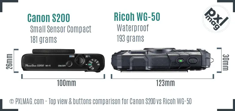 Canon S200 vs Ricoh WG-50 top view buttons comparison Canon S200 vs Ricoh WG-50 top view buttons comparison