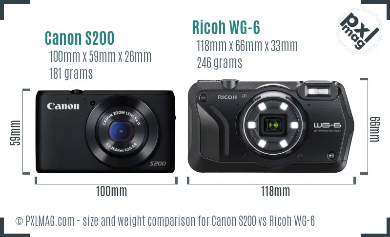 Canon S200 vs Ricoh WG-6 size comparison