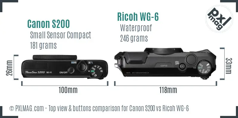 Canon S200 vs Ricoh WG-6 top view buttons comparison