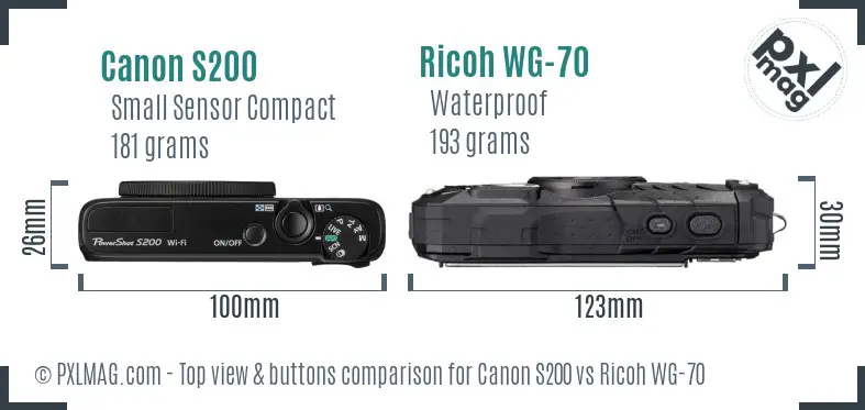 Canon S200 vs Ricoh WG-70 top view buttons comparison Canon S200 vs Ricoh WG-70 top view buttons comparison