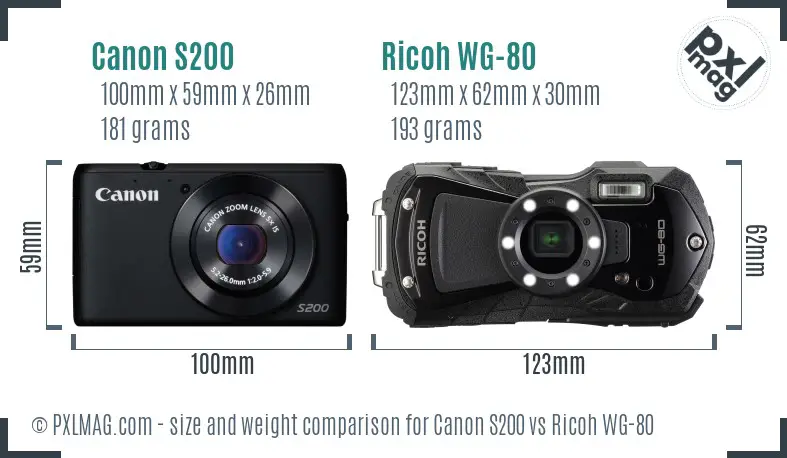 Canon S200 vs Ricoh WG-80 size comparison