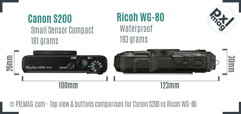 Canon S200 vs Ricoh WG-80 top view buttons comparison