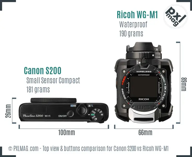 Canon S200 vs Ricoh WG-M1 top view buttons comparison Canon S200 vs Ricoh WG-M1 top view buttons comparison