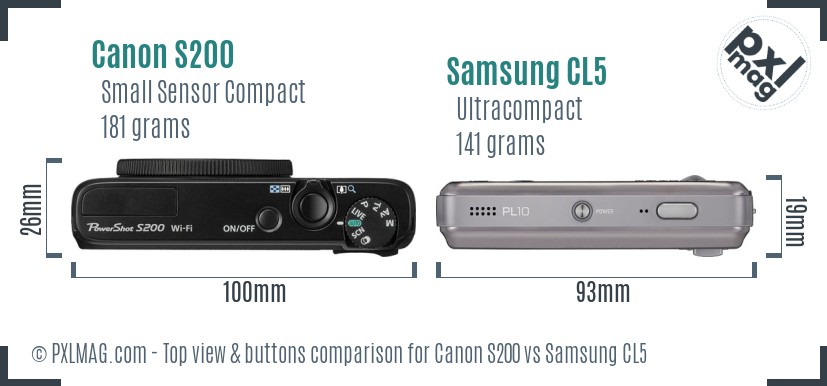 Canon S200 vs Samsung CL5 top view buttons comparison