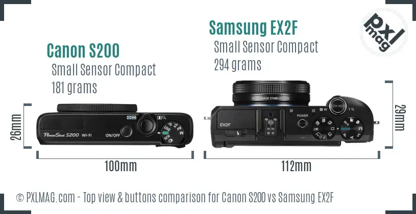 Canon S200 vs Samsung EX2F top view buttons comparison
