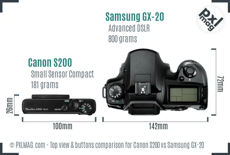 Canon S200 vs Samsung GX-20 top view buttons comparison Canon S200 vs Samsung GX-20 top view buttons comparison