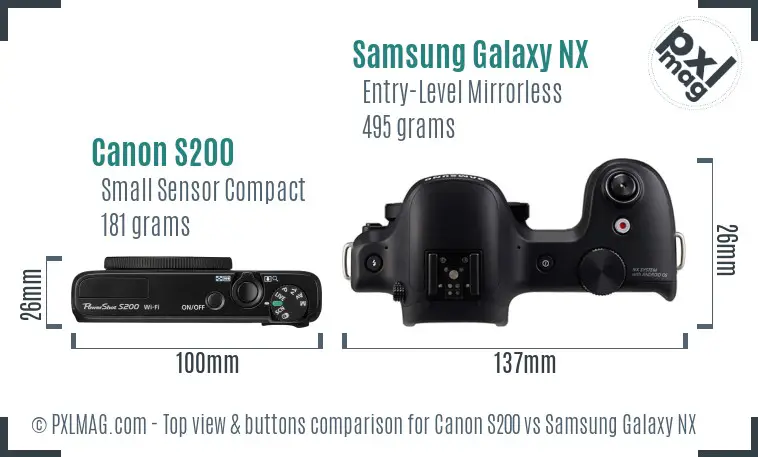 Canon S200 vs Samsung Galaxy NX top view buttons comparison