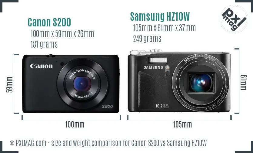 Canon S200 vs Samsung HZ10W size comparison