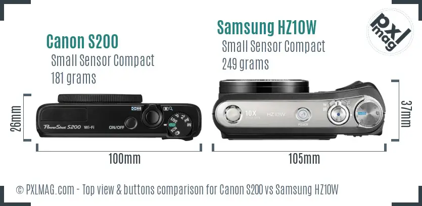 Canon S200 vs Samsung HZ10W top view buttons comparison