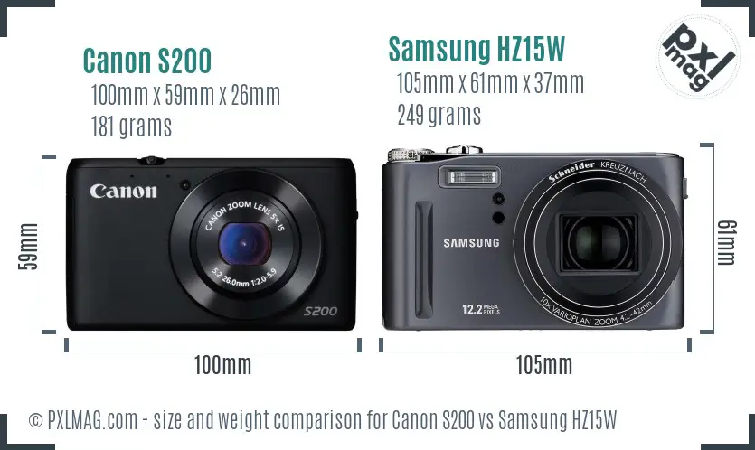 Canon S200 vs Samsung HZ15W size comparison