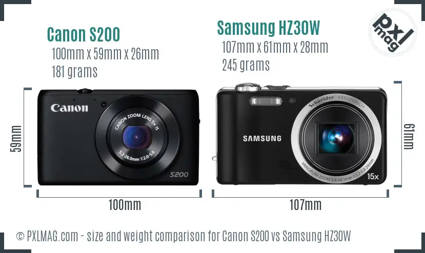 Canon S200 vs Samsung HZ30W size comparison