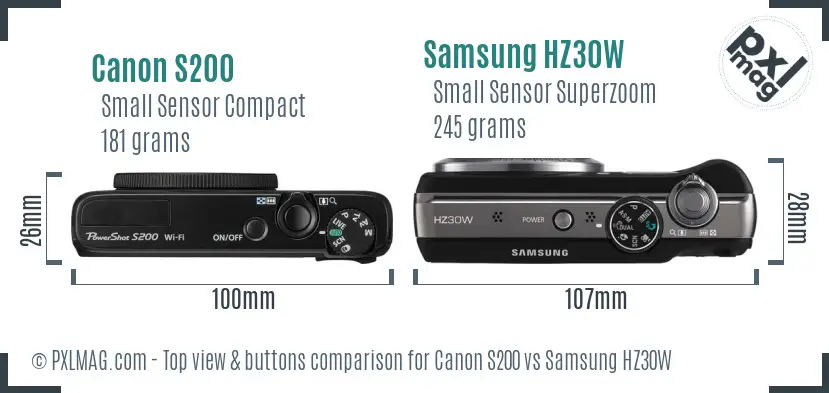 Canon S200 vs Samsung HZ30W top view buttons comparison