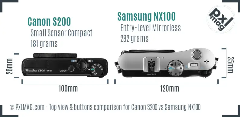 Canon S200 vs Samsung NX100 top view buttons comparison