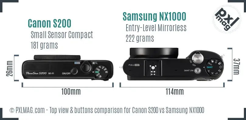 Canon S200 vs Samsung NX1000 top view buttons comparison Canon S200 vs Samsung NX1000 top view buttons comparison