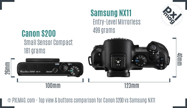 Canon S200 vs Samsung NX11 top view buttons comparison