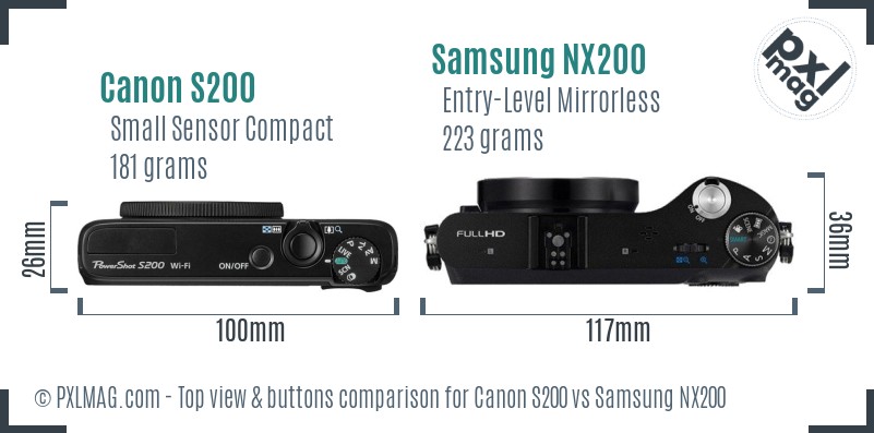 Canon S200 vs Samsung NX200 top view buttons comparison