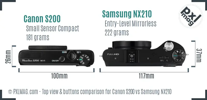 Canon S200 vs Samsung NX210 top view buttons comparison