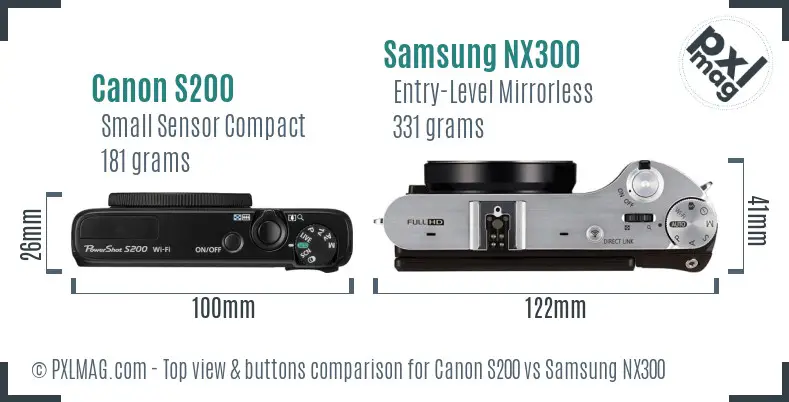 Canon S200 vs Samsung NX300 top view buttons comparison