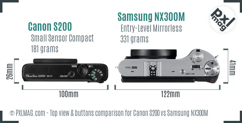 Canon S200 vs Samsung NX300M top view buttons comparison Canon S200 vs Samsung NX300M top view buttons comparison