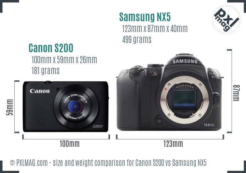 Canon S200 vs Samsung NX5 size comparison Canon S200 vs Samsung NX5 size comparison
