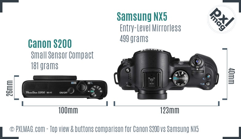 Canon S200 vs Samsung NX5 top view buttons comparison