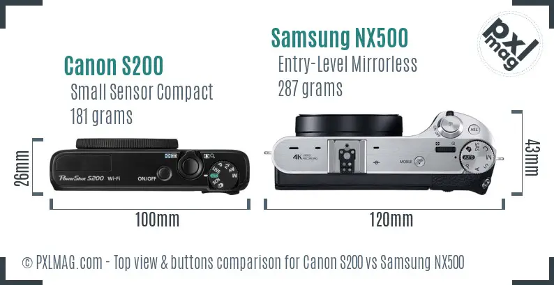 Canon S200 vs Samsung NX500 top view buttons comparison