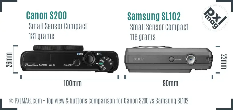 Canon S200 vs Samsung SL102 top view buttons comparison