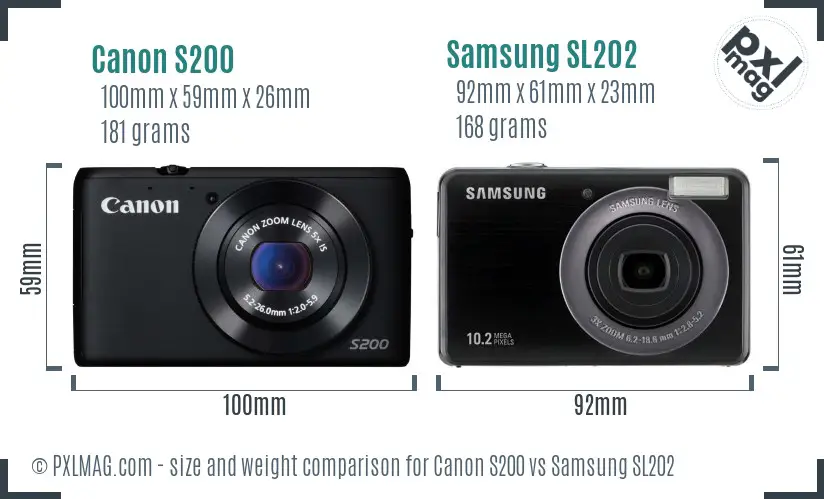 Canon S200 vs Samsung SL202 size comparison
