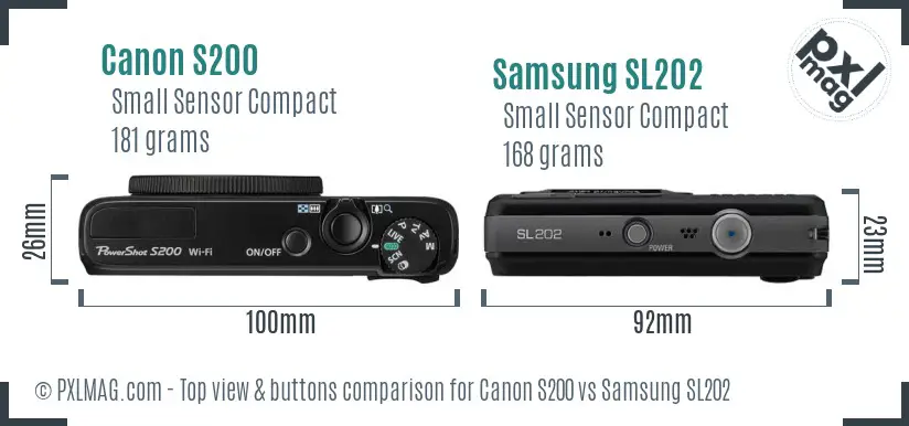Canon S200 vs Samsung SL202 top view buttons comparison
