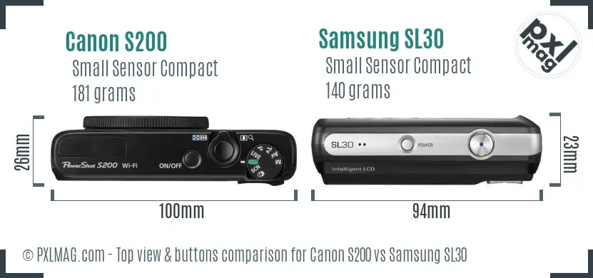 Canon S200 vs Samsung SL30 top view buttons comparison Canon S200 vs Samsung SL30 top view buttons comparison