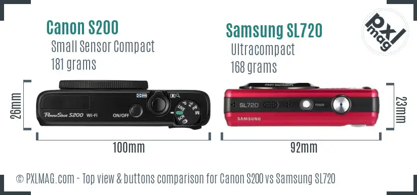 Canon S200 vs Samsung SL720 top view buttons comparison