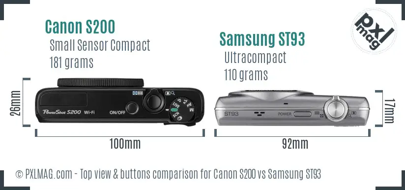 Canon S200 vs Samsung ST93 top view buttons comparison