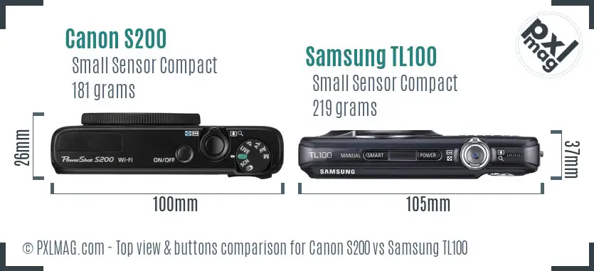 Canon S200 vs Samsung TL100 top view buttons comparison