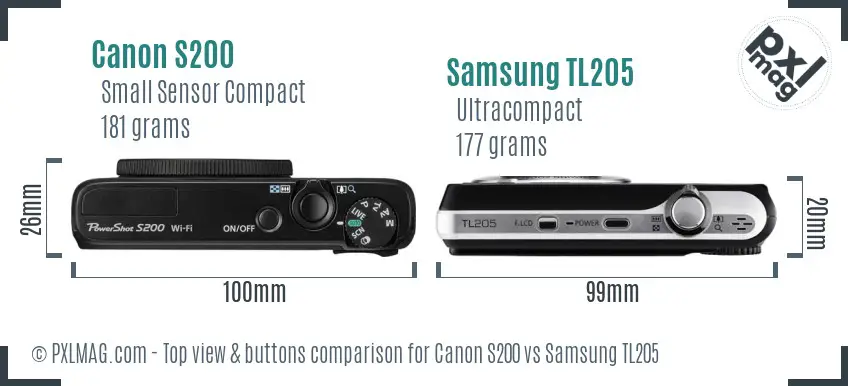 Canon S200 vs Samsung TL205 top view buttons comparison