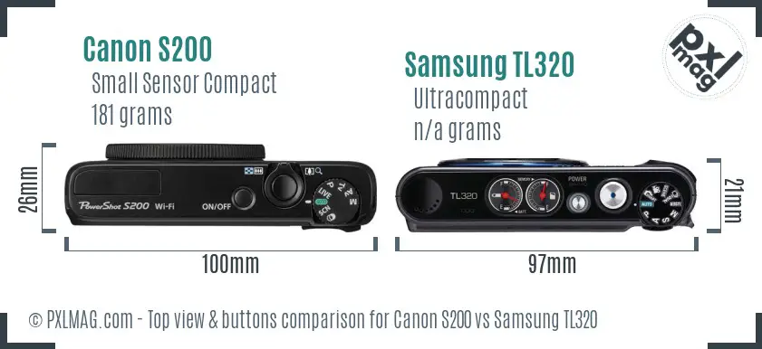 Canon S200 vs Samsung TL320 top view buttons comparison Canon S200 vs Samsung TL320 top view buttons comparison