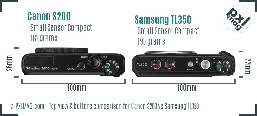 Canon S200 vs Samsung TL350 top view buttons comparison